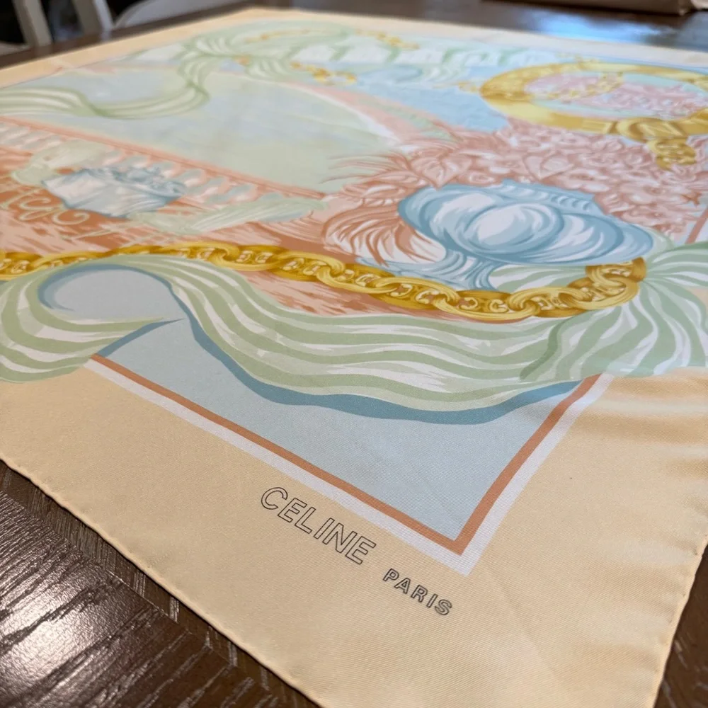 Celine Pastel Silk Scarf 90 Carré Chain Beige Gold Hand Rolled Made in France - Picture 2 of 11